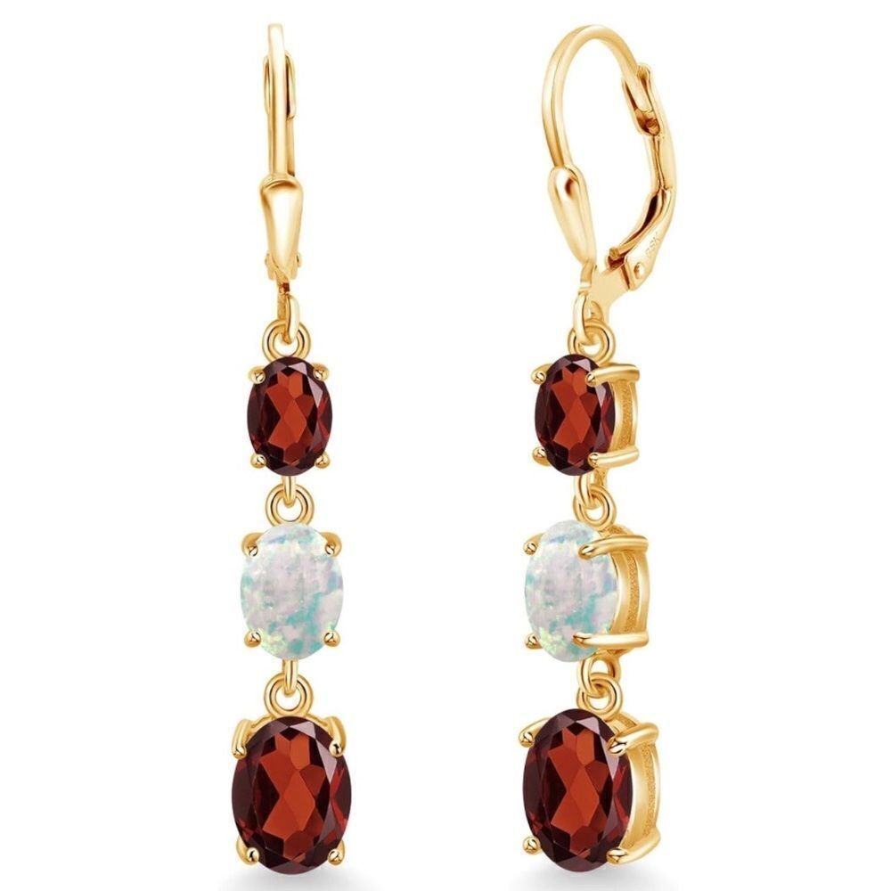 18K Yellow Gold with 6.14 Cttw 3 Stone  Garnet and White Opal Leverback Earrings